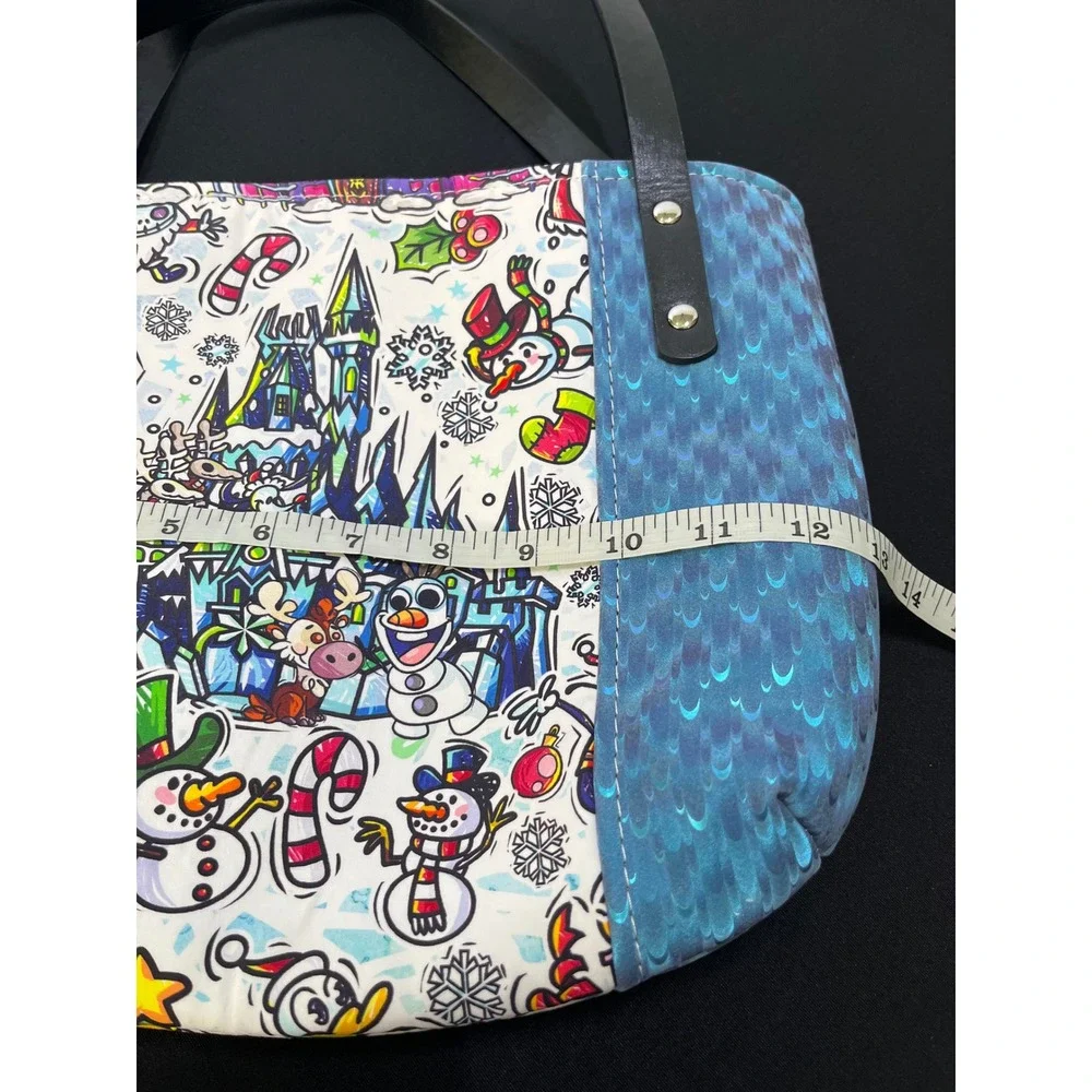 Handmade Christmas Castle Tote Bag Blue Scale Print Holiday Snowman Reindeer
